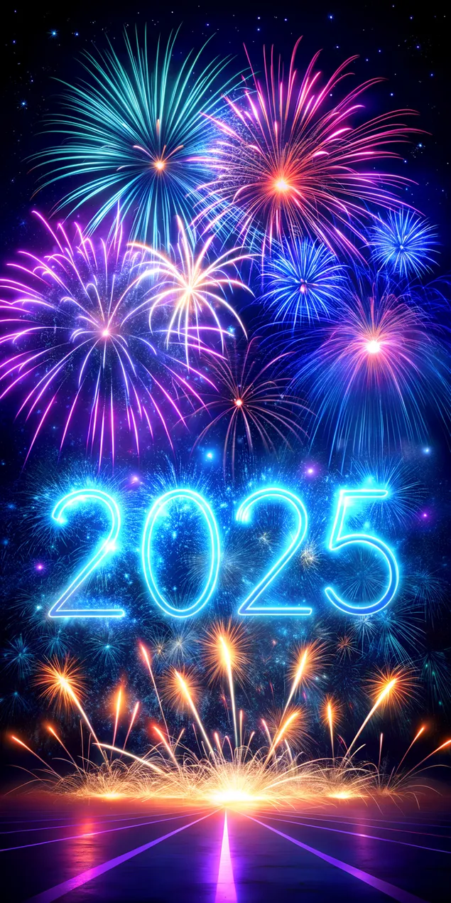 Živahni vatromet i neonski font 2025 na tamnoplavom i ljubičastom nebu 2K pozadina