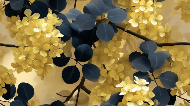 Ryškus gėlių raštas su subtiliais žiedais ir lapais 2K ekrano užsklanda