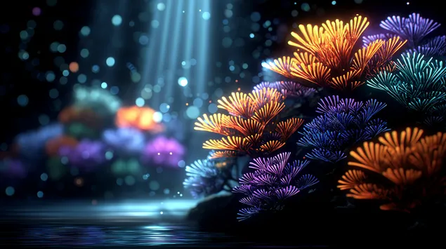 Ryškiai žėrintis koralinis rifas gilioje povandeninėje aplinkoje 2K ekrano užsklanda