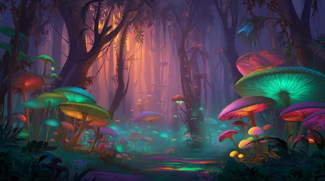 Hongos vibrantes y brillantes en un enigmático bosque de fantasía 2K fondo de pantalla