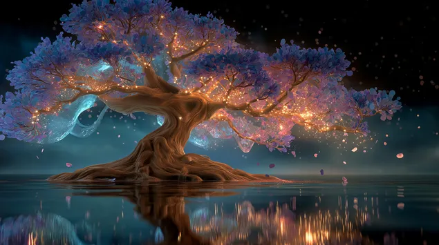 Copac strălucitor vibrant reflectat în apă cu munți 2K imagine de fundal