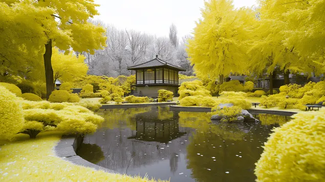 גן זהוב תוסס עם ביתן מסורתי ובריכה 2K טפט