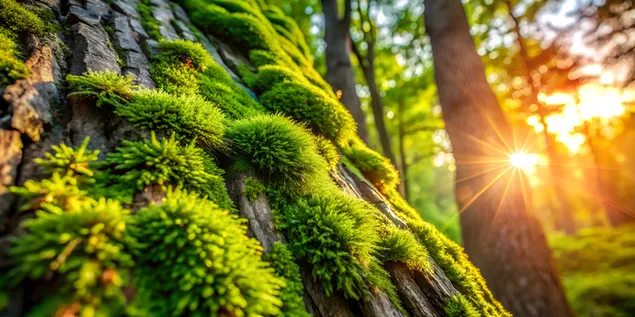 Tapeta Živý zelený mach rastúci na slnkom zaliatej stromovej kôre 4K