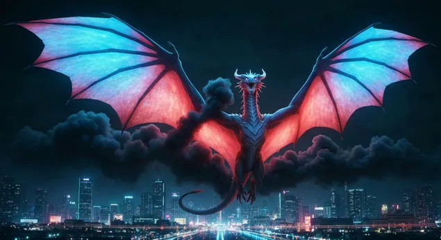 בית דרקון תוסס מעל נוף עירוני ניאון בלילה כרקע לשולחן העבודה 4K טפט
