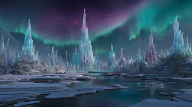 ממלכת קרח תוססת תחת תצוגת זוהר הקוטב השמימי 2K טפט