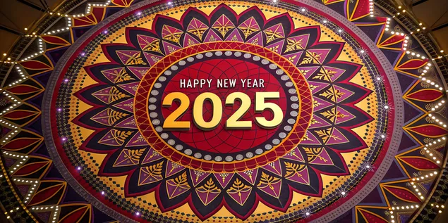 Calidoscopi vibrant amb patrons fractals i "Feliç Any Nou 2025" amb colors festius atrevits 4K fons de pantalla