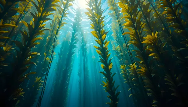 Taustakuva Elävä merilevämetsä, valonsäteet veden alla 2K