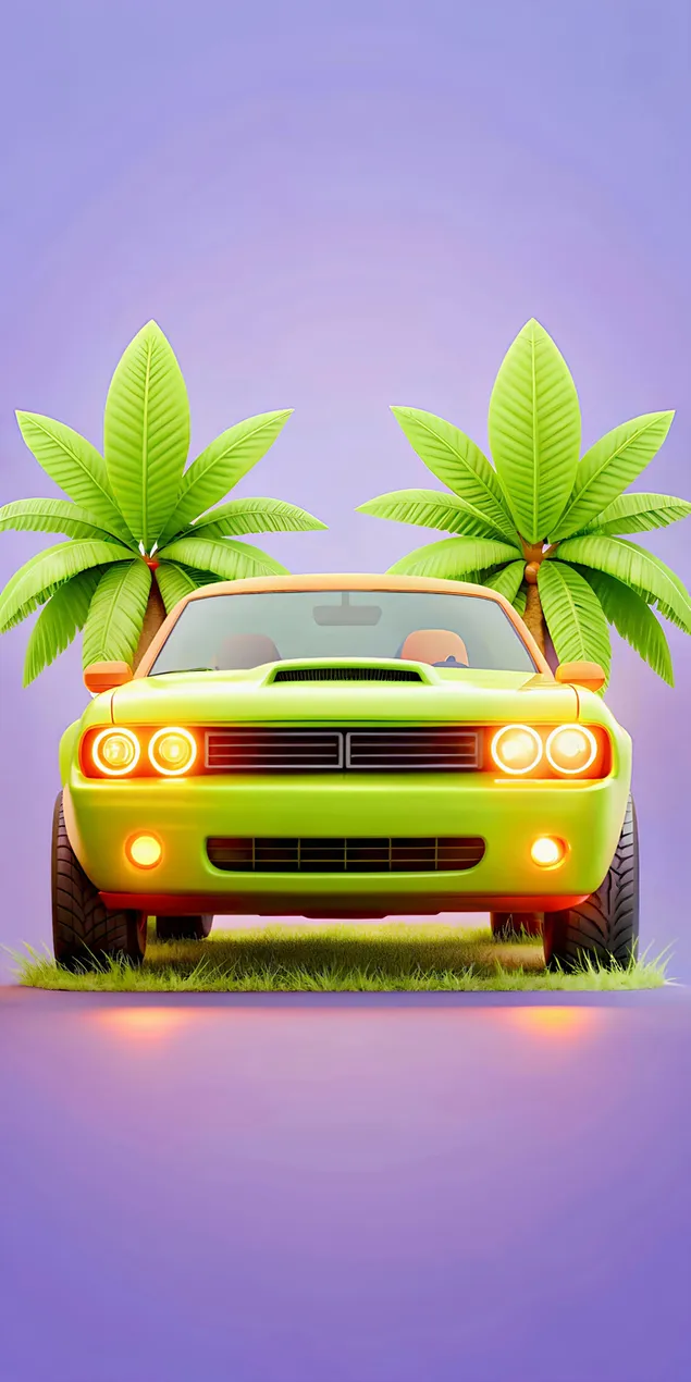 充满活力的柠檬绿肌肉车停在两棵郁郁葱葱的绿色棕榈树之间，在淡紫色的天空下 2K 壁纸