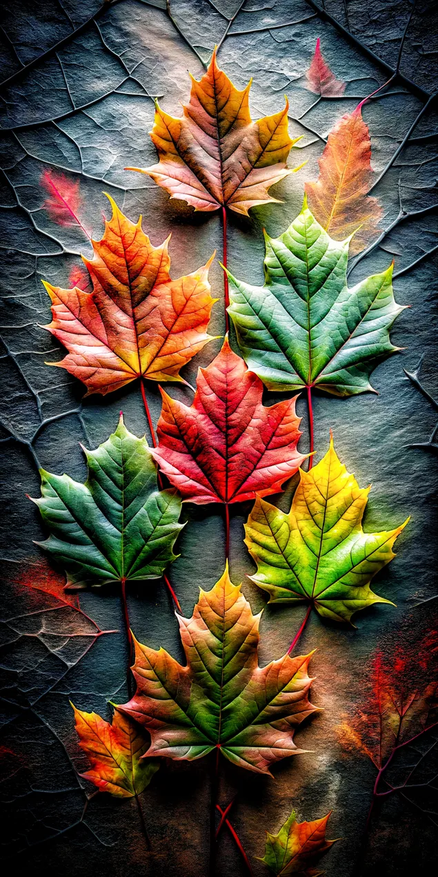 Tapeta Zářivé javorové listy zobrazené na texturovaném kamenném povrchu 2K