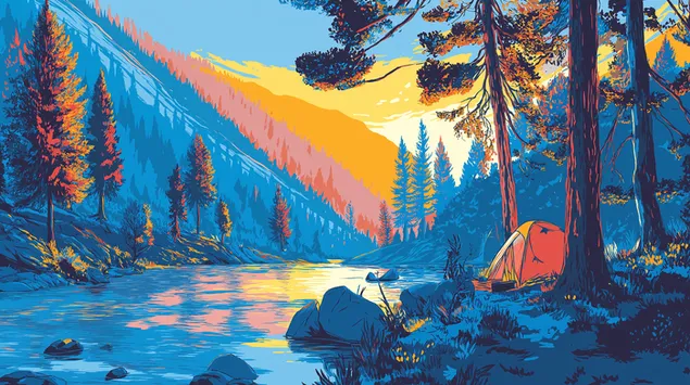 تصویرسازی منظره پر جنب و جوش کمپینگ در رودخانه کوهستانی کاغذدیواری  2K