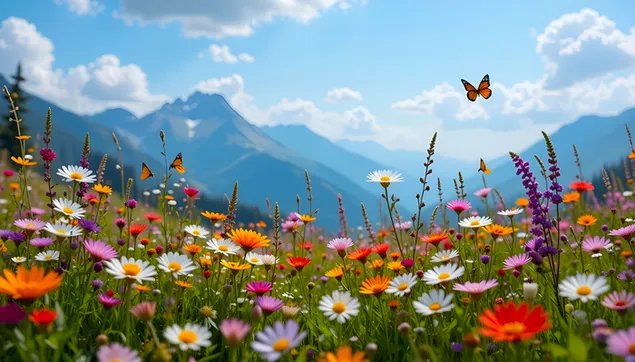 充满活力的山野花田与蝴蝶 2K 壁纸