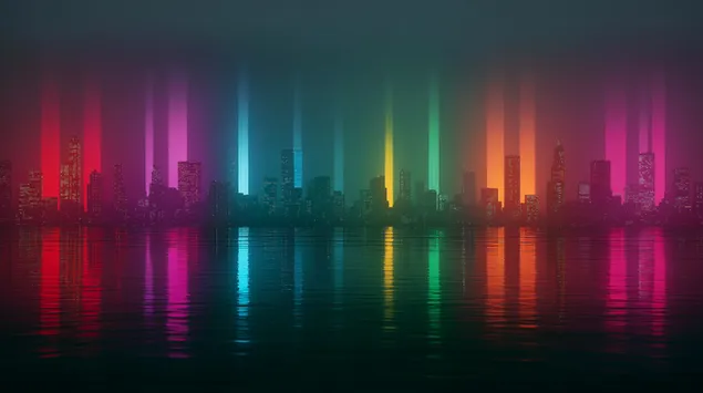 Spilgts neona pilsētas ainavas atspulgs uz ūdens krēslā 2K fona tapete