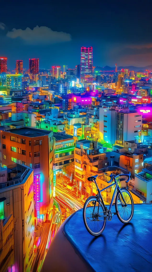 נוף עירוני ניאון תוסס עם אופניים המשקיפים על קו הרקיע העירוני 2K טפט
