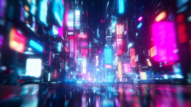 Tapeta Žiarivé neónovo osvetlené kyberpunkové mesto v noci z pohľadu z ulice 2K