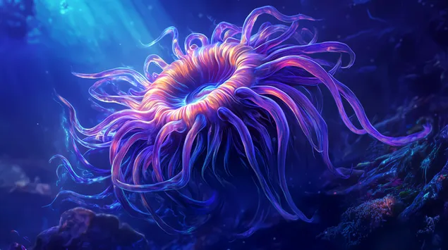 Жива океанска анемона, осветена в наситено синьо сияние 2K тапет