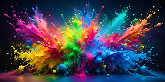 Kräftige Farbspritzer in Neonpink, Blau, Gelb und Grün vor dunklem Hintergrund 4K Hintergrundbild