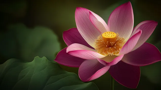 Živahno roza lotosov cvet z zelenimi listi od blizu 2K ozadje