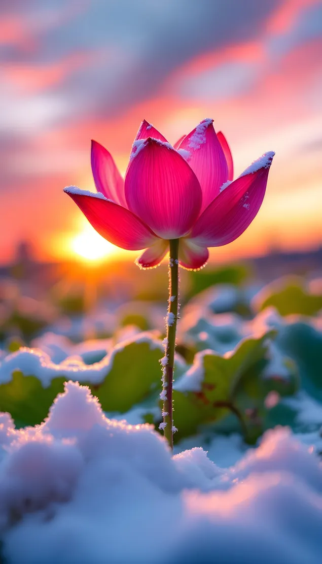 ดอกบัวสีชมพูสดใสบานสะพรั่งยามพระอาทิตย์ขึ้นพร้อมฉากหลังที่เต็มไปด้วยหิมะ 2K วอลเปเปอร์