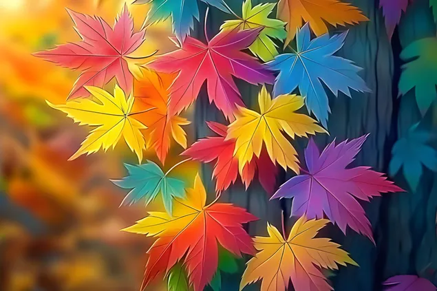 Daun Maple Berwarna Pelangi Bertenaga dalam Pemandangan Musim Gugur 2K kertas dinding