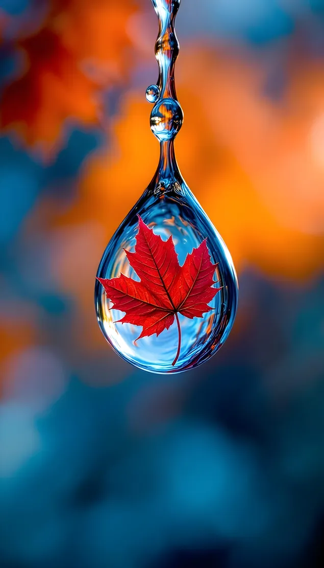 Feuille d'érable rouge vibrante enfermée dans une gouttelette cristalline 2K fond d'écran