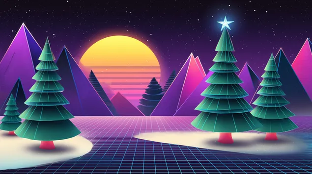 充滿活力的復古假日場景，風格化的樹木和山脈 2K 壁紙