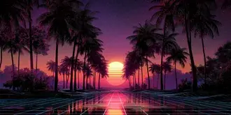 descarcare apus de soare vibrant in stil retro cu siluete de palmieri si grila