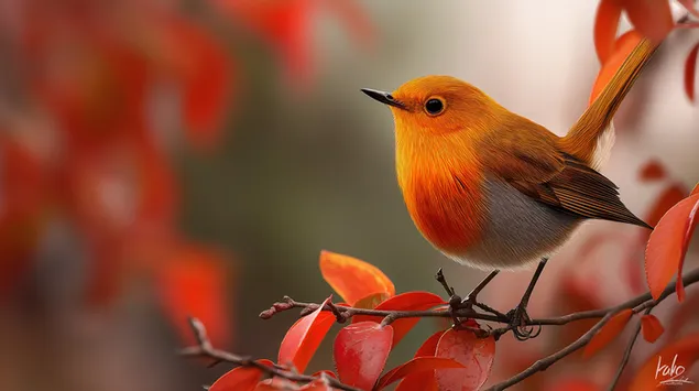 helderkleurige robin sit op herfstak fokus aflaai