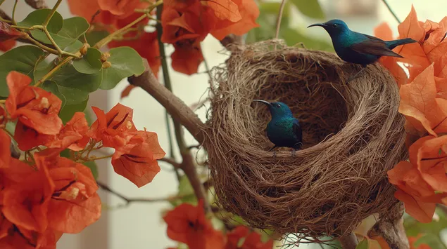 ocells de sol vibrants posats en un niu entre buguenvil*lees baixada