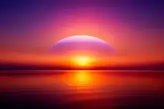 穏やかな海に沈む鮮やかな夕日。燃えるような色彩と徐々に変化する空を映し出す。 4K 壁紙