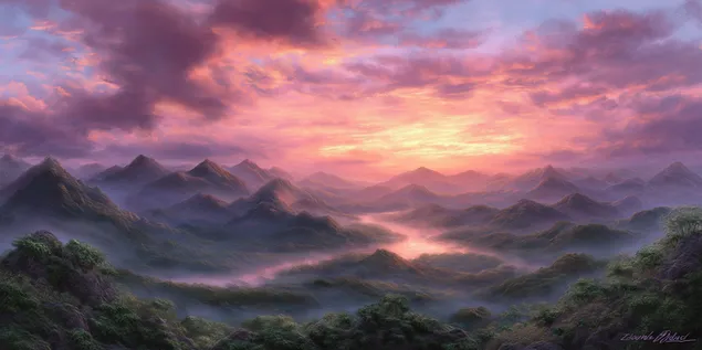 Coucher de soleil vibrant sur des collines vallonnées et une rivière sinueuse 2K fond d'écran