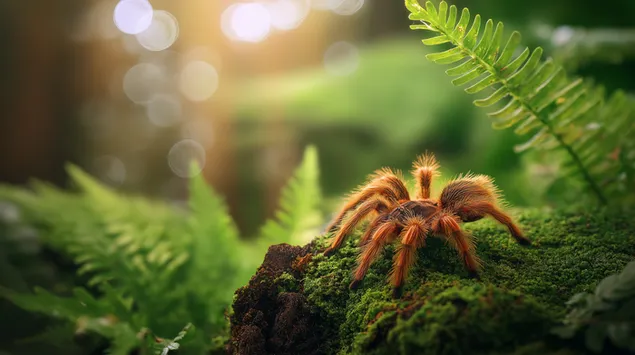 Tarântula vibrante em musgo em um cenário de selva exuberante 2K papel de parede