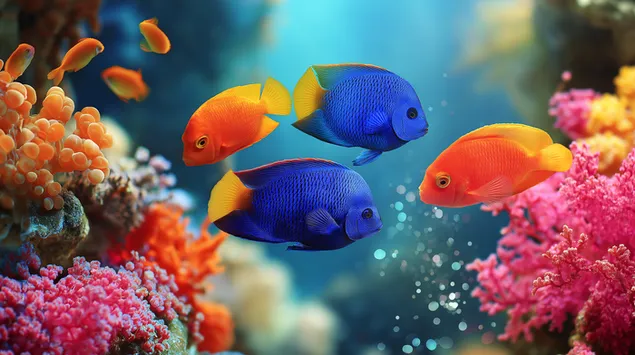ปลาเขตร้อนที่มีชีวิตชีวาในสภาพแวดล้อมแนวปะการังที่มีชีวิตชีวา 2K วอลเปเปอร์