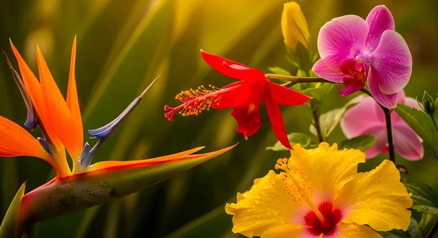 strahlende tropische bluten: paradiesvogelblume, orchidee, hibiskus herunterladen