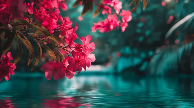 Levendige tropische bloemen met uitzicht op rustig turquoise water 2K achtergrond