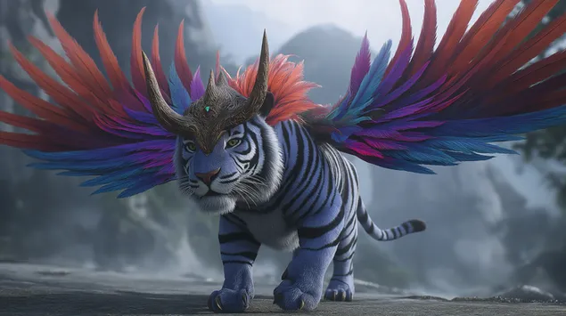 lebhaftes, geflugeltes, tigerahnliches tier mit verzierten hornern herunterladen