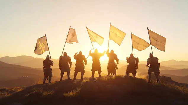 일몰 무렵 산 정상에 깃발을 든 승리의 전사들 2K 배경화면