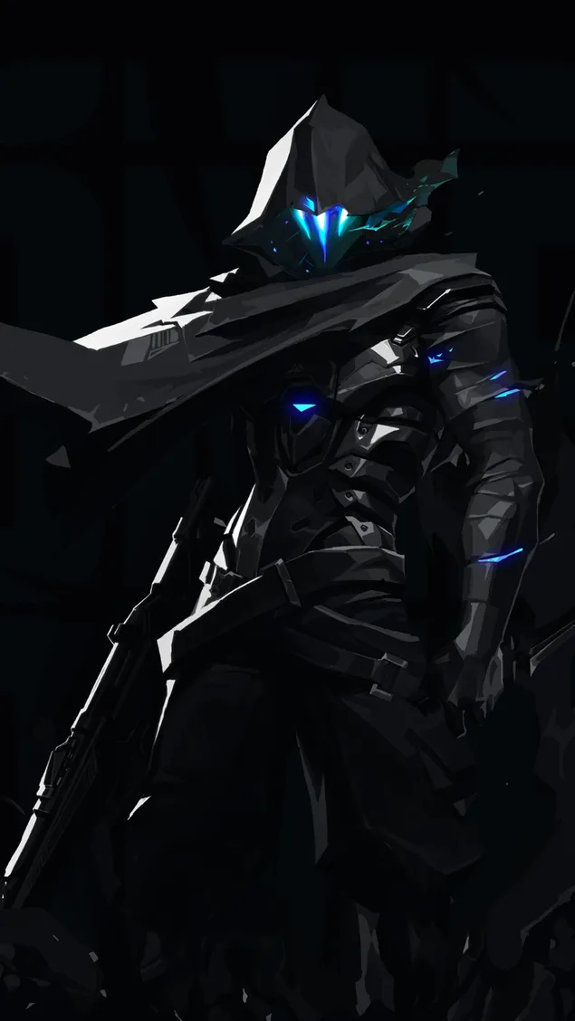 Karakter video game dengan kostum bercahaya hitam dan biru unduhan