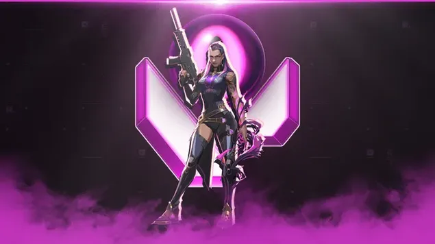 Ταπετσαρία Ο χαρακτήρας του βιντεοπαιχνιδιού Reyna Valorant ποζάρει με το όπλο στο χέρι μπροστά σε ροζ ομίχλες και σύμβολο 2K