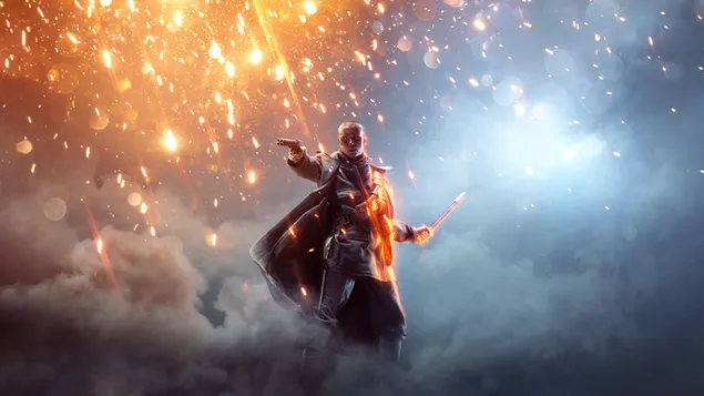 Videogameserie slagveldkanon en zwaard in de hand voor mistwolk en branden 4K achtergrond