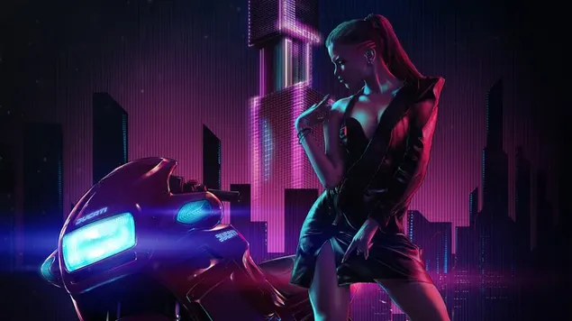 ビデオゲームシリーズのキャラクターの美しいアニメの女性がオートバイの隣に立つ ダウンロード