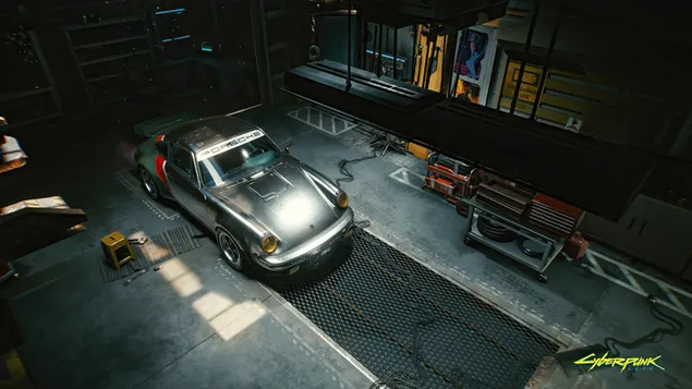 Videospiel „Cyberpunk 2077“ [Silberner Porsche-Sportwagen]