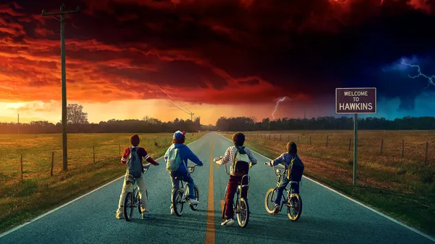 Vier jongens fietsen de wolken in op de lange hawking road download