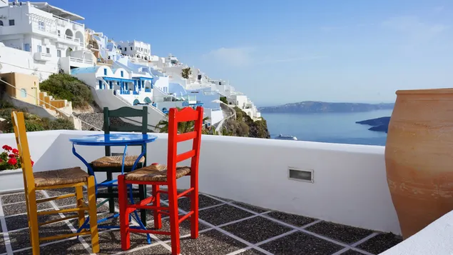 Udsigt fra santorini veranda 4K baggrundsbillede