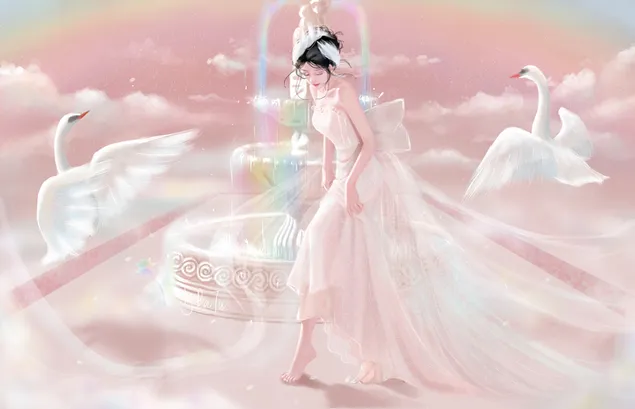 vid na chernovolosuyu devushku v rozovom plat'e i belykh lebedey s radugoy na rozovom fone skachat'