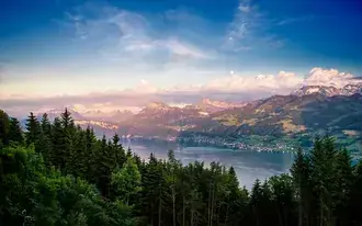 Pogled na Lakeside Village kroz drveće 4K pozadina