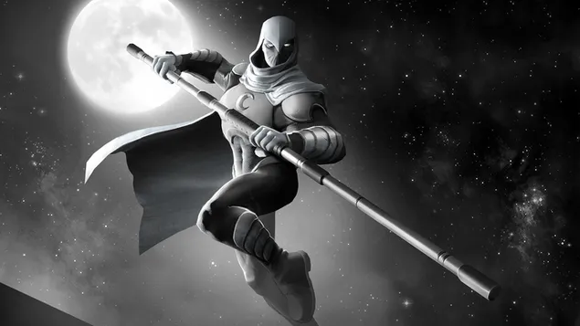 View of moon knight mini tv series character in background with full moon and star view