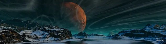 雪に覆われた山々 と湖の景色と緑のトーンの空の霧の中で惑星と星のビュー 4K 壁紙