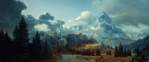 Ταπετσαρία Άποψη του κάστρου, το οποίο είναι μια λευκή αρχιτεκτονική κατασκευή με κίτρινους θόλους, 4K