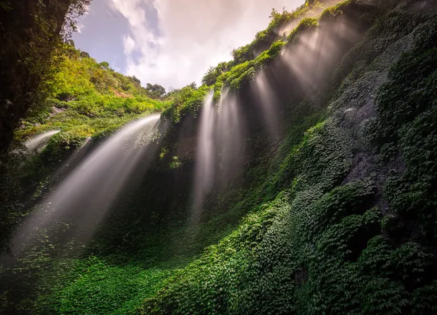 Blick auf Wasserfallwasser und bewölkten Himmel, der zwischen grünen Pflanzen fließt