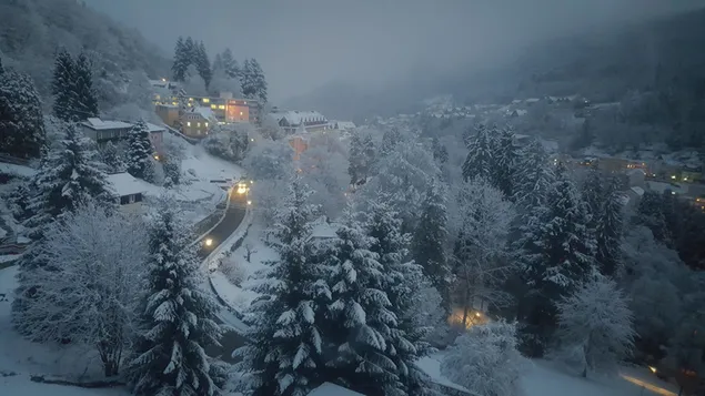 Dorp in bergbos op mistige winternacht HD achtergrond